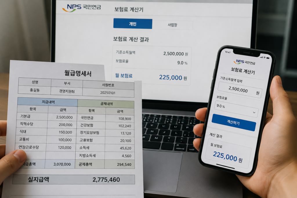 월급 300만원 직장가입자의 2026년 국민연금 보험료 9.5%와 근로자 부담액을 계산하는 모습