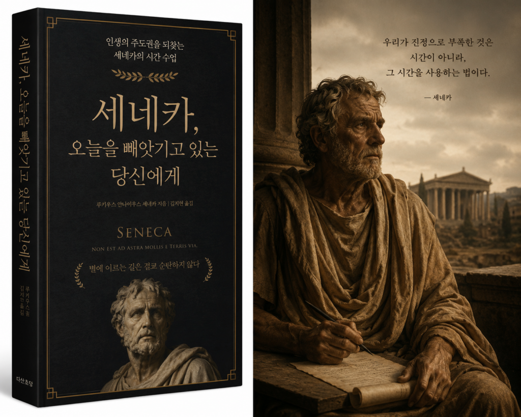 세네카 오늘을 빼앗기고 있는 당신에게 책 표지와 고대 로마 철학자