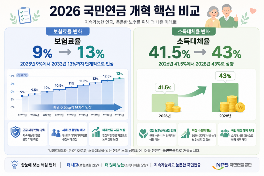 2026년 국민연금 개혁에 따른 보험료율 9퍼센트에서 13퍼센트 인상과 소득대체율 43퍼센트 조정 비교
