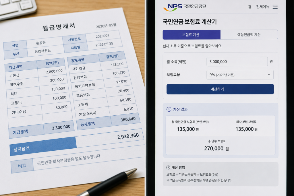 월급명세서의 기준소득월액을 바탕으로 국민연금 보험료를 계산하는 모습