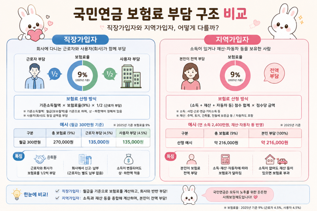 직장가입자는 근로자와 회사가 각각 4.75%를 부담하고 지역가입자는 원칙적으로 본인이 전액 부담하는 구조를 비교한 이미지