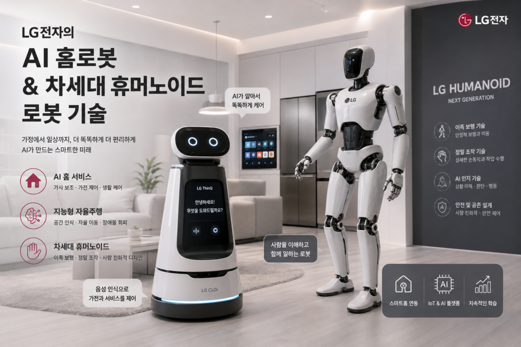  LG전자가 개발하고 있는 AI 홈로봇과 차세대 휴머노이드 로봇 기술을 보여주는 이미지