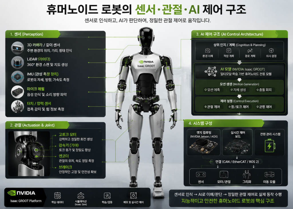 휴머노이드 로봇의 센서와 관절 그리고 AI 제어 시스템 개념도